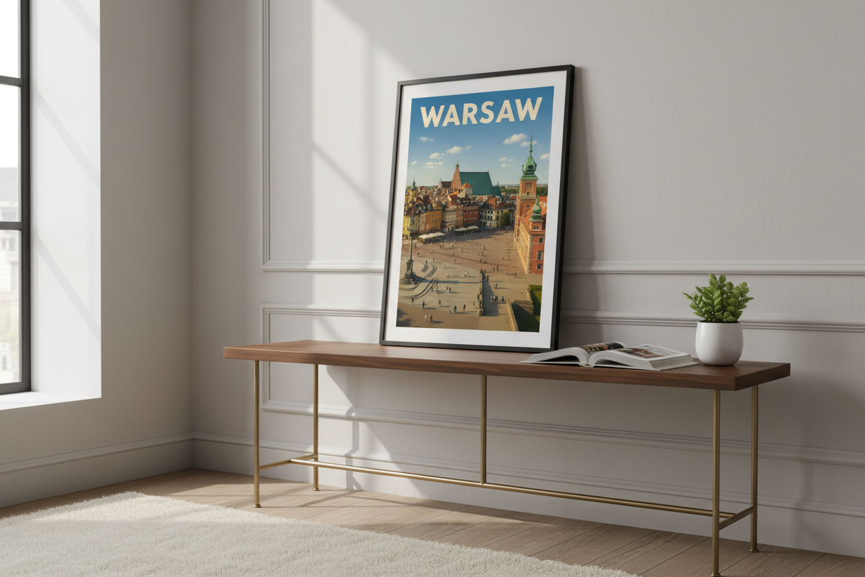 Warsaw Old Town Vintage Travel Poster in Elegant Interior Setting
