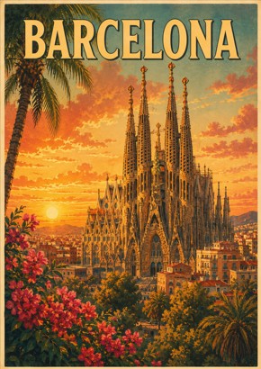 Barcelona Spain Sagrada Família Vintage Travel Poster – Gaudí Architecture & Mediterranean Sunset Wall Art