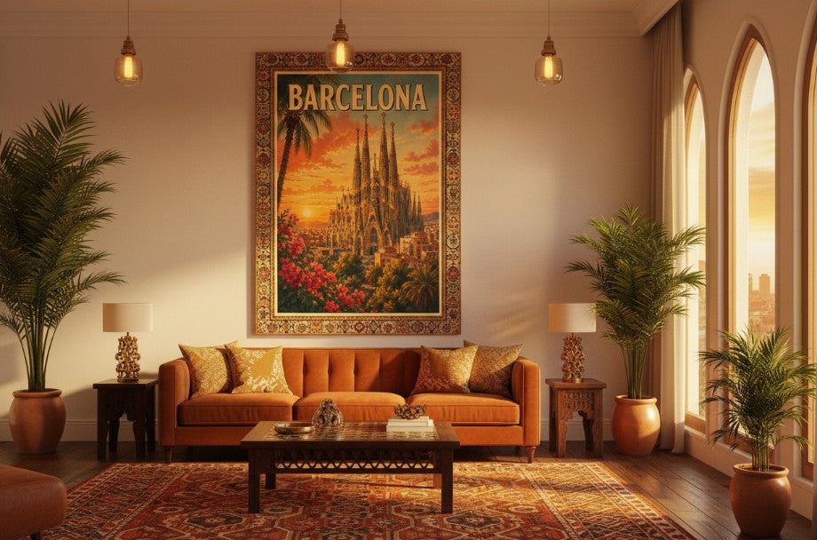 Barcelona Spain Sagrada Família Vintage Travel Poster – Gaudí Architecture & Mediterranean Sunset Wall Art